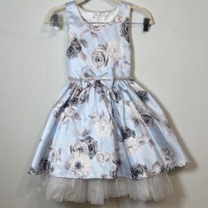 Light Blue Floral Tulle Hem Girls' Formal Dress with Bow